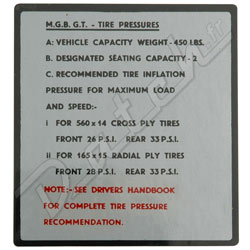 AUTOCOLLANT "TYRE PRESSURE" MGBGT