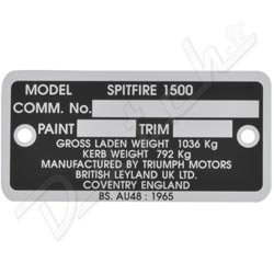 PLAQUE CHASSIS (NUMERO DE COMMISSION) SPITFIRE MK4 (1500)