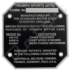 PLAQUE CHASSIS N° DE COMMISSION TR2