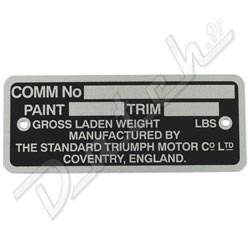 PLAQUE CHASSIS N° DE COMMISSION TR4A
