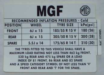 AUTOCOLLANT "TYRE PRESSURE" MGF 1996-2002